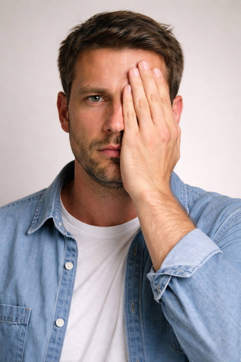 Hombre tapándose un ojo con la mano y mirando de frente.