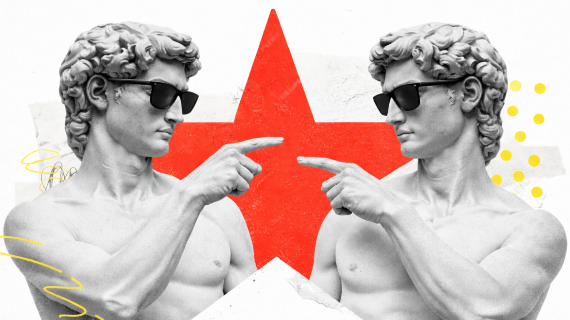 Dos estatuas del David mirándose y señalándose mutuamente con gafas de sol, ilustración conceptual sobre el sesgo del punto ciego.