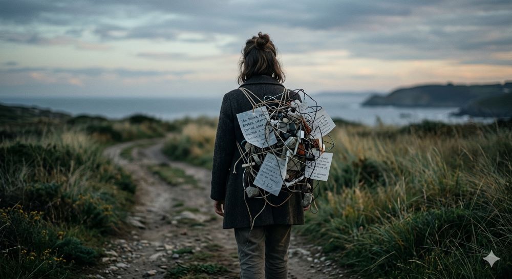 Mujer de espaldas caminando por un sendero con una estructura pesada sobre sus hombros, simbolizando la carga emocional de la necesidad de complacer.
