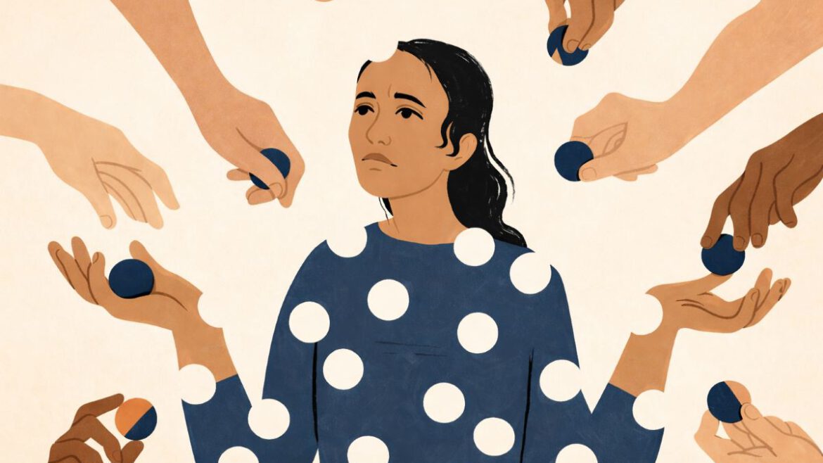 Ilustración de una mujer rodeada de manos que le entregan piezas, representando la necesidad de complacer y la fragmentación de la identidad.