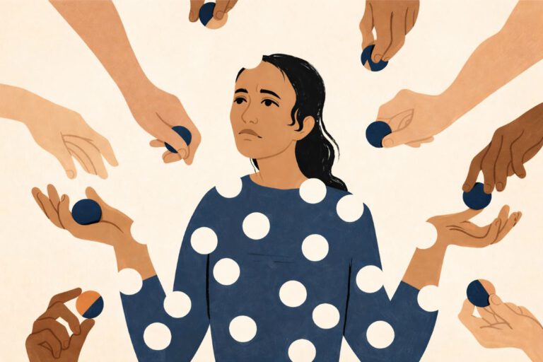 Ilustración de una mujer rodeada de manos que le entregan piezas, representando la necesidad de complacer y la fragmentación de la identidad.