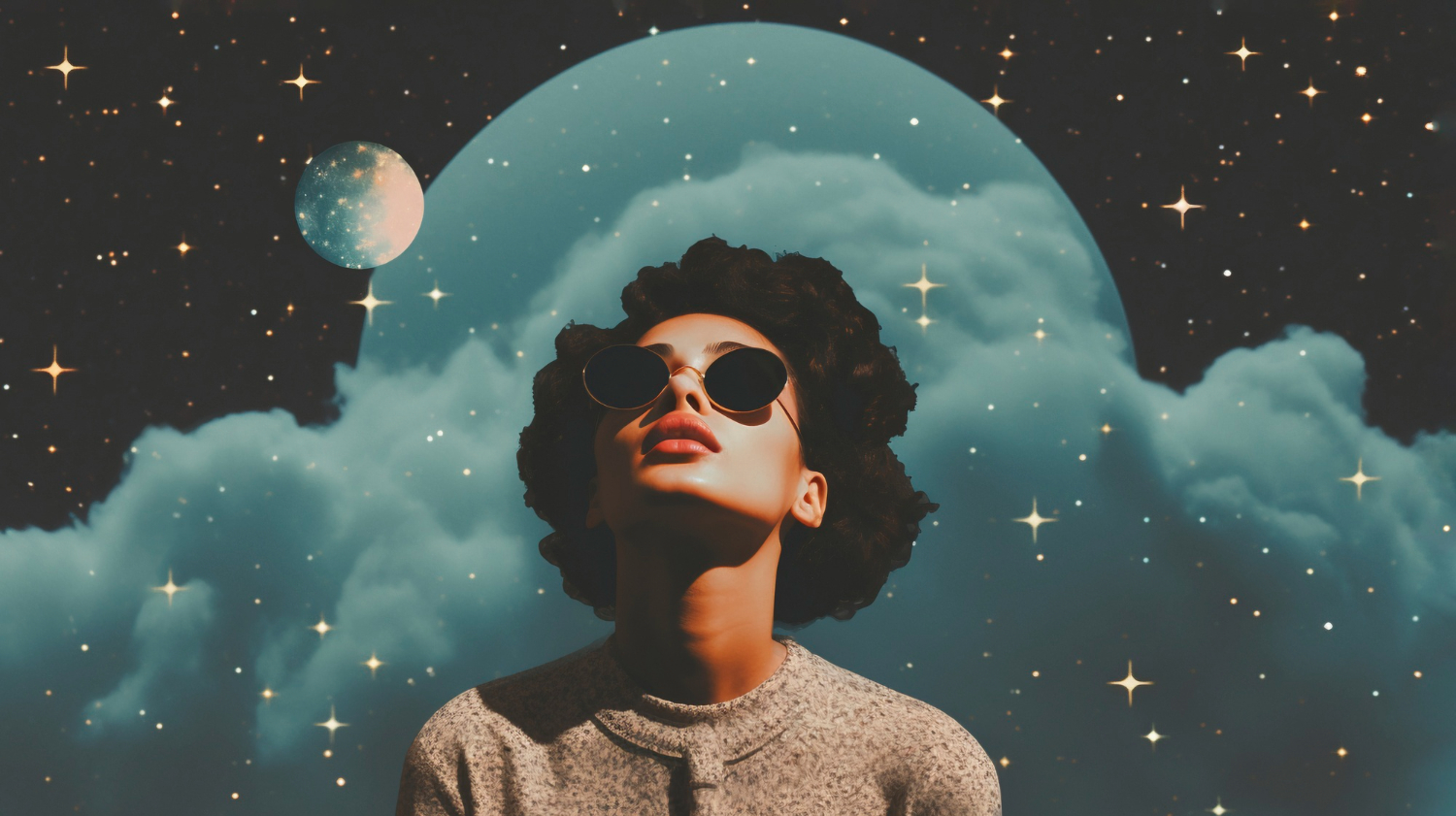 Mujer mirando hacia el cielo rodeada de estrellas y elementos oníricos.