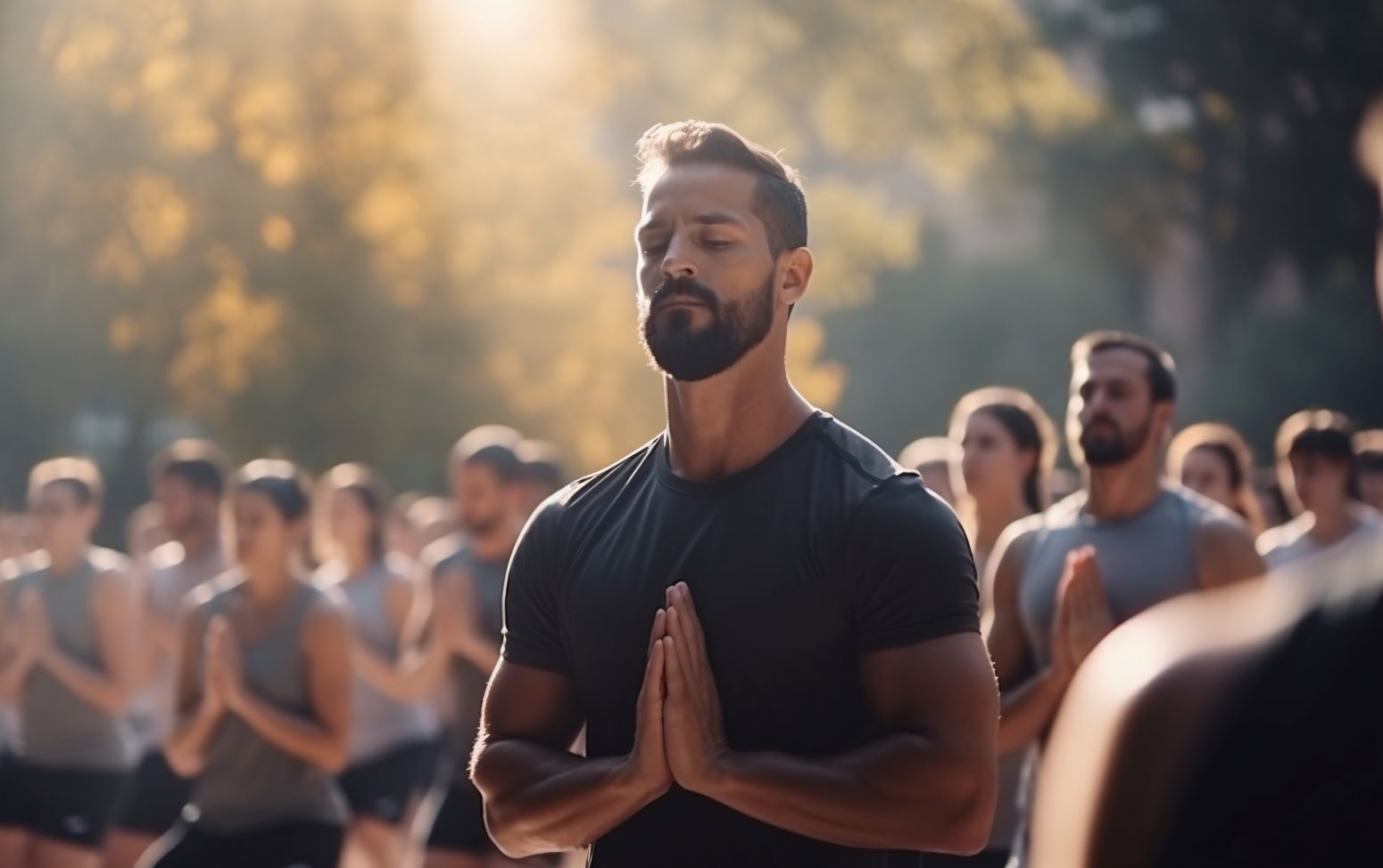 Un hombre con barba medita con las manos juntas en primer plano durante una sesión multitudinaria al aire libre con luz solar de fondo.