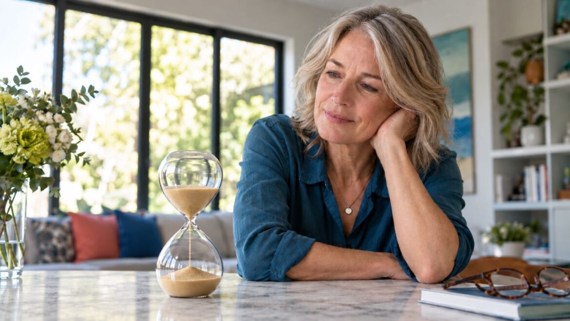 Mujer madura observando un reloj de arena sobre una mesa