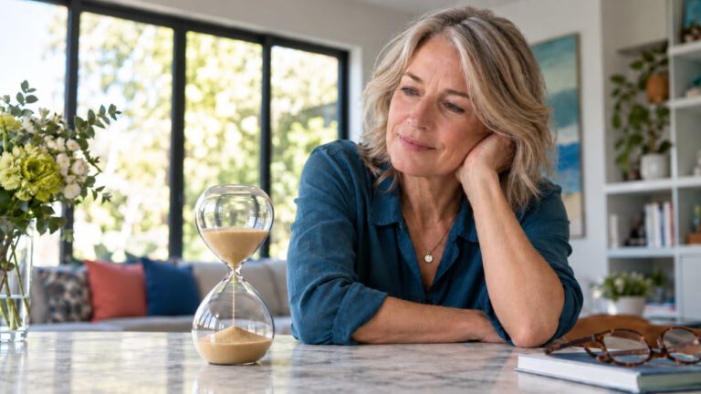 Mujer madura observando un reloj de arena sobre una mesa